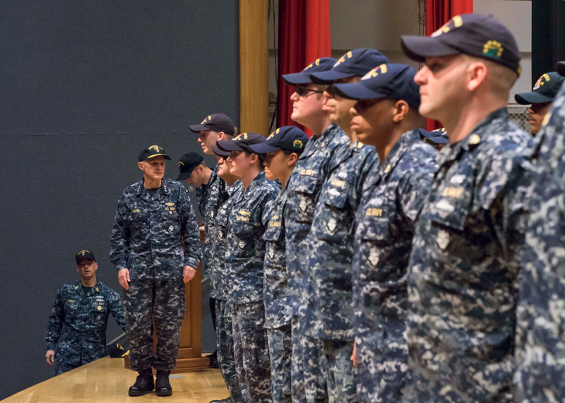 Sailors form the USS Fitzgerald prepare to receive awards for their damage control efforts after the collision. USN photo